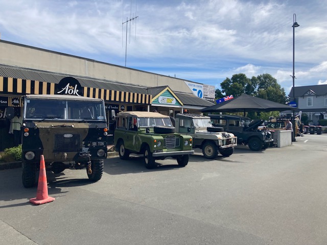 Land Rovers lined up in Four Peaks Plaza, Geraldine