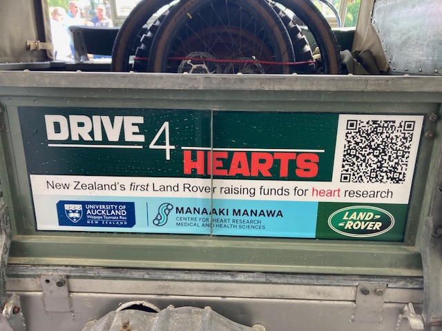 The Drive 4 Hearts plate on the Land Rover, supporting Manaaki Manawa Centre for Heart Research